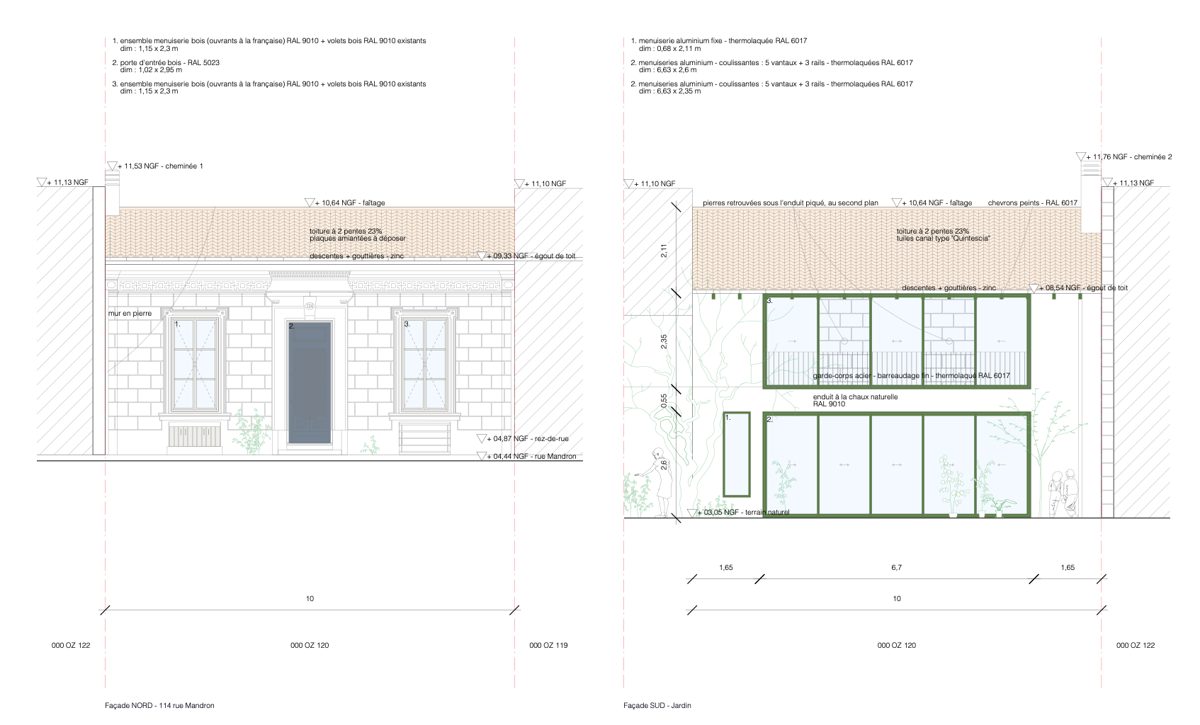 2021. Réaménagement d'une maison individuelle et petite extension - Bordeaux (33) - Elévations Nord et Sud projetées.jpg